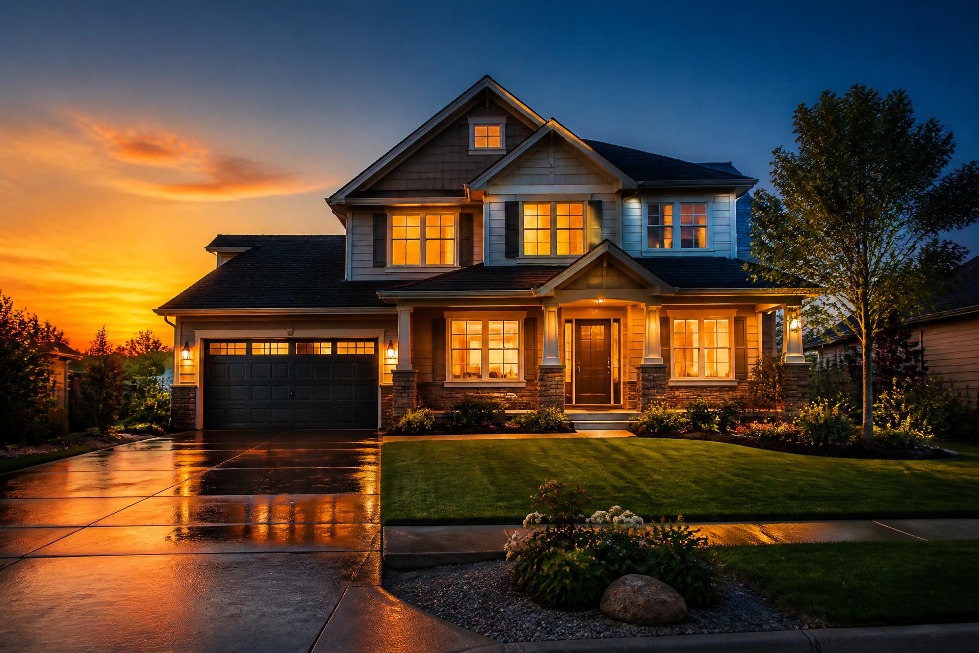Well-maintained suburban family home at dusk